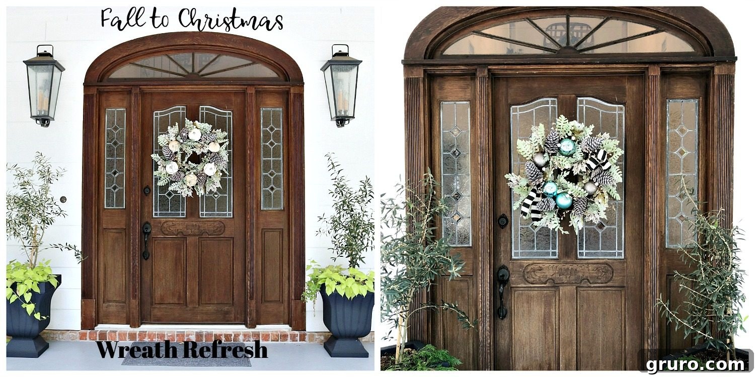 Christmas Wreath Glow-Up 2 Autumn wreath transformed for Christmas, showcasing seasonal decor transition