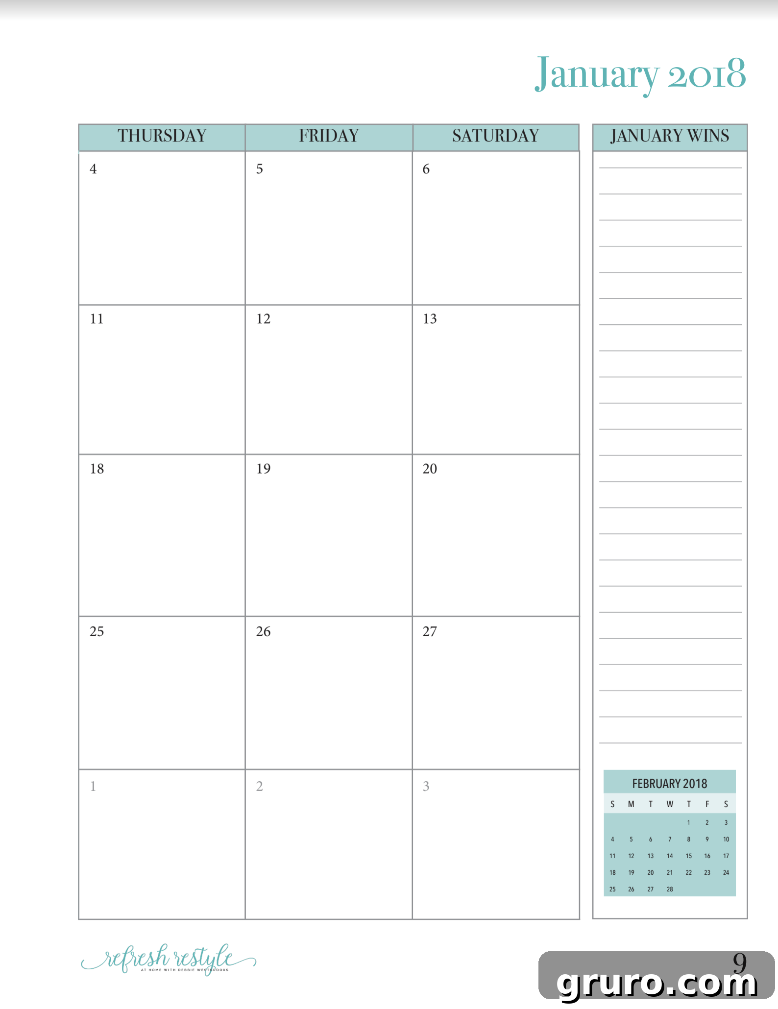 Calendar with large area and notes - Overview for Important Dates