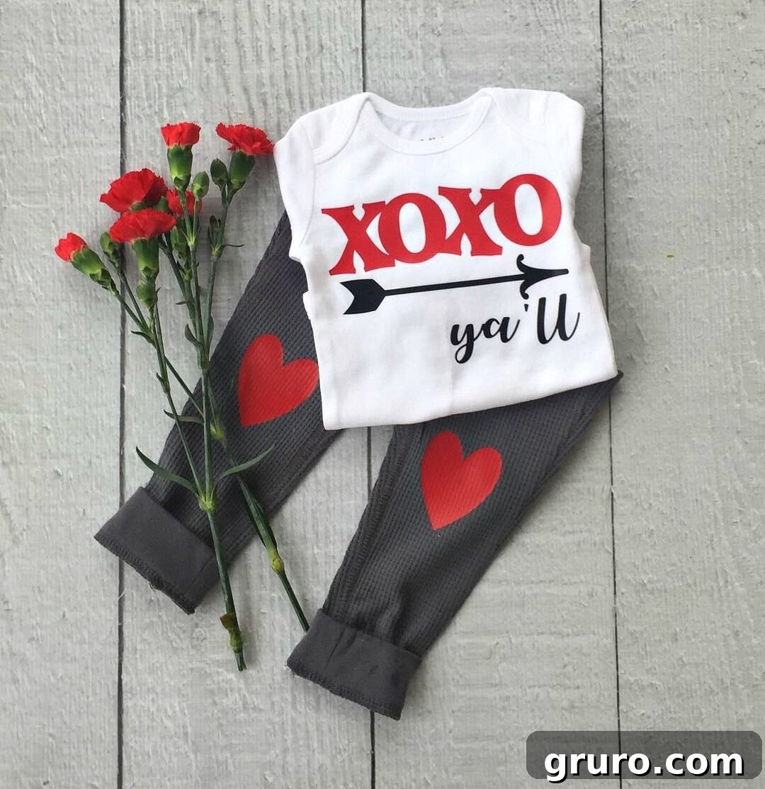 Romantic Valentine's Day Styles 9 Final reveal of a completed custom Valentine's Day baby outfit with HTV