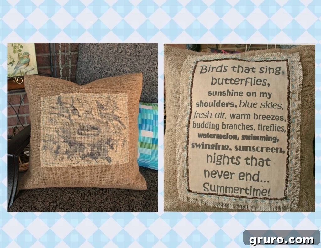 pillowfix Finished burlap pillow covers with custom printed designs, showcasing a successful fabric printing project and vibrant details.