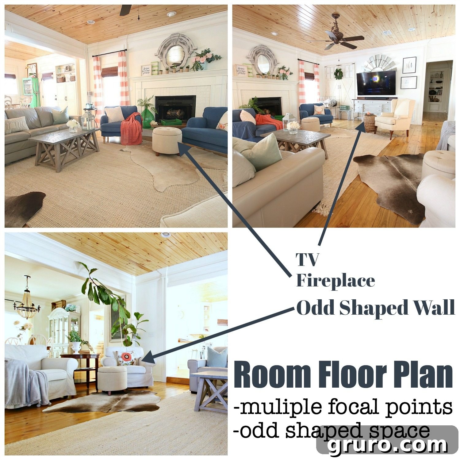 Detailed room floor plan for an oddly shaped living room, showcasing effective furniture placement, ample storage solutions, and stylish farmhouse touches. Sponsored by Better Homes & Gardens at Walmart.