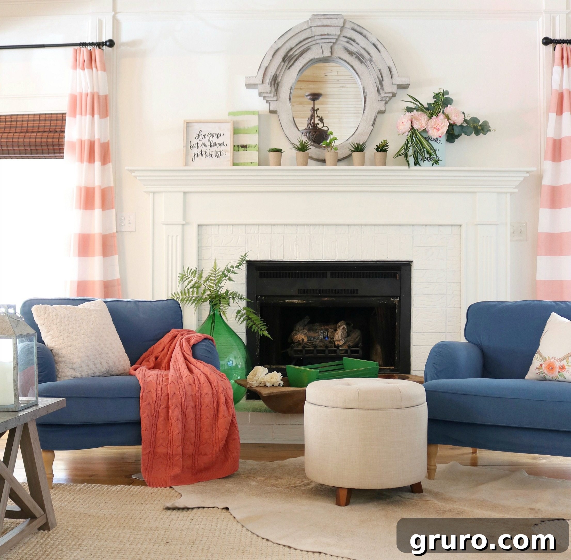 A vibrant living room featuring a harmonious blend of coral, blue, and green accents, breathing life into a neutral space. Showcasing numerous furniture placement ideas within this inviting farmhouse living room. Sponsored by Better Homes & Gardens at Walmart.