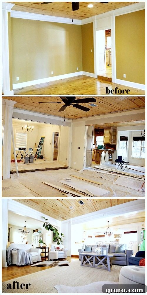 Before and after view of an open floor plan living room, highlighting significant changes in layout and decor. Sponsored by Better Homes & Gardens from Walmart.
