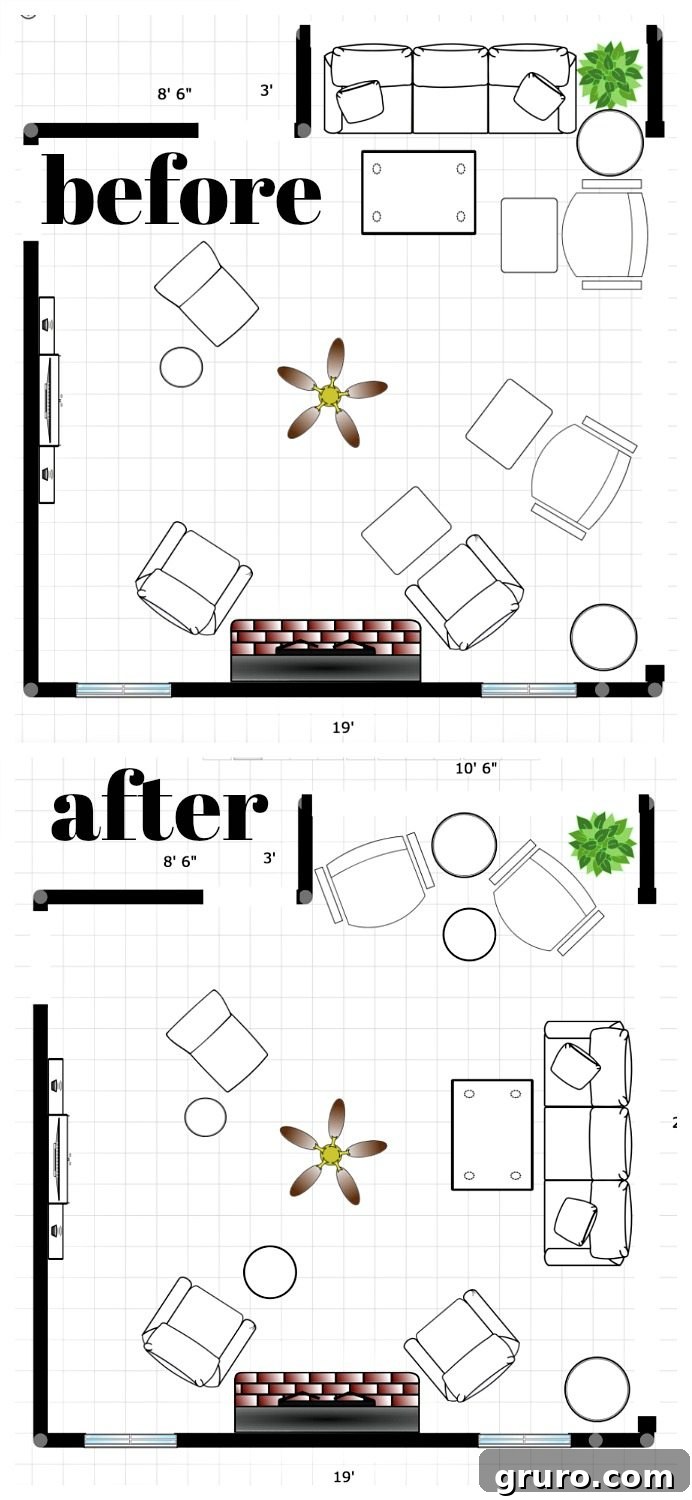 Visual representation of a floor plan with improved flow, showcasing optimized furniture placement for an open concept living room. Sponsored content with Better Homes & Gardens at Walmart.
