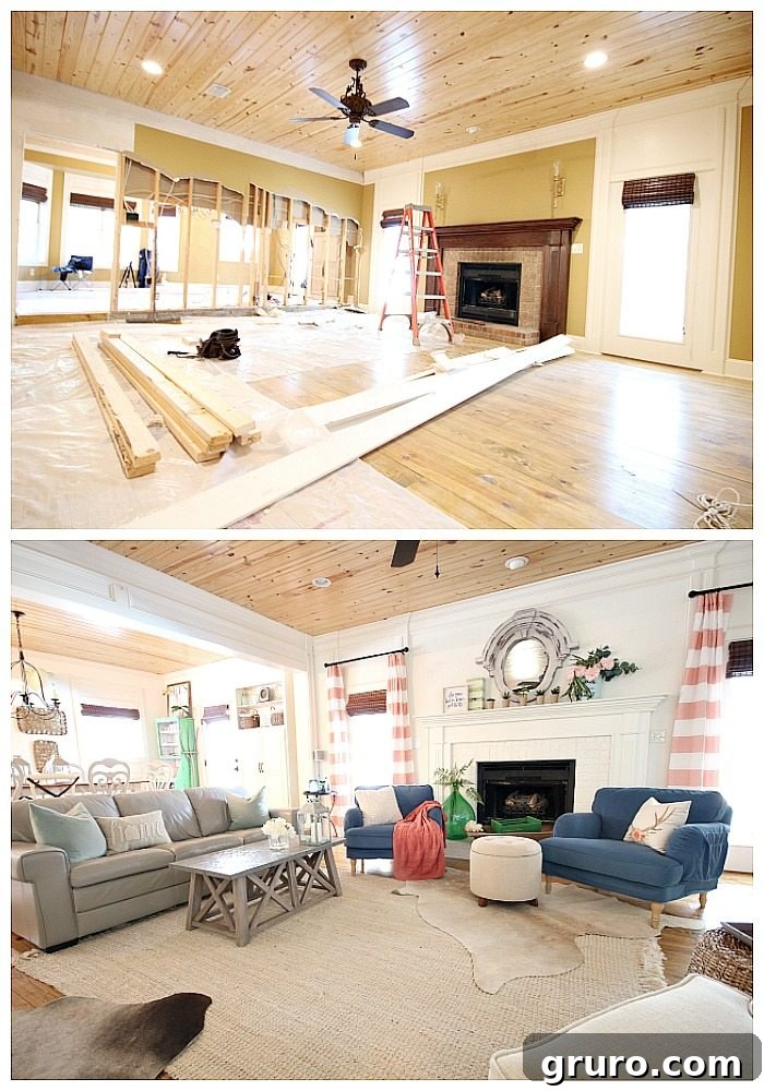 Before and after views illustrating how to improve flow in an oddly shaped living room, creating a more cohesive and welcoming environment. Sponsored by Better Homes & Gardens at Walmart.