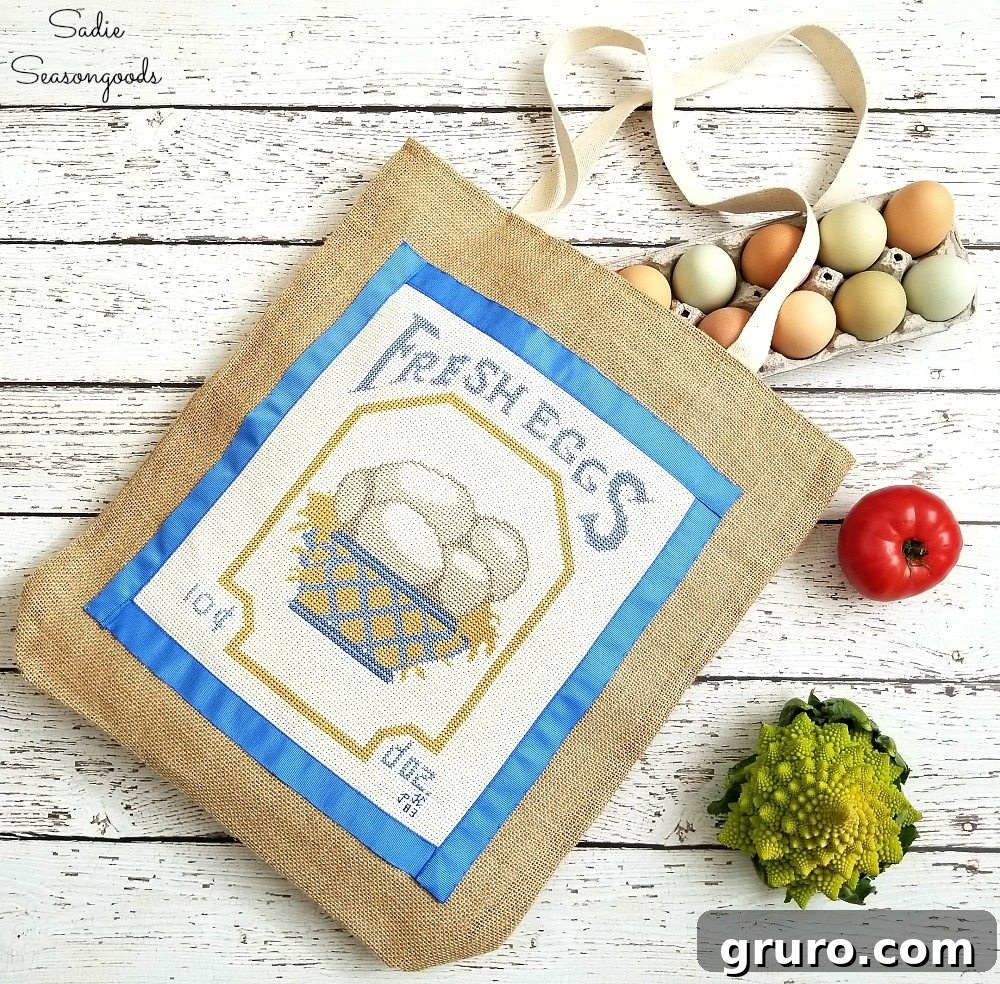DIY Farm-Style Reusable Grocery Bag with Repurposed Vintage Cross-Stitch and upcycled thrifted burlap tote by Sadie Seasongoods