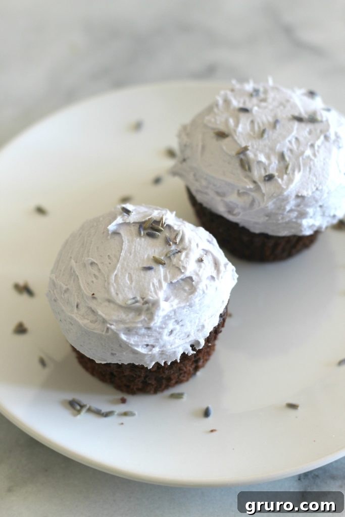 Chocolate buttermilk cupcakes with lavender frosting recipe, offering a sweet and aromatic indulgence