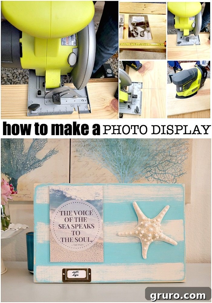 How to Make a Photo Display with a free printable. Instructions included for the easy power tool idea. DIY photo display made from scrap wood with acrylic frames