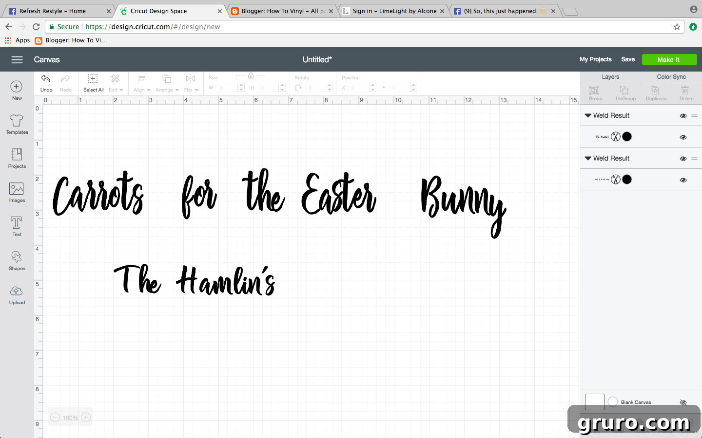 Cricut design studio screen showing the layout for 'Carrots for the Easter Bunny' text and a bunny graphic.