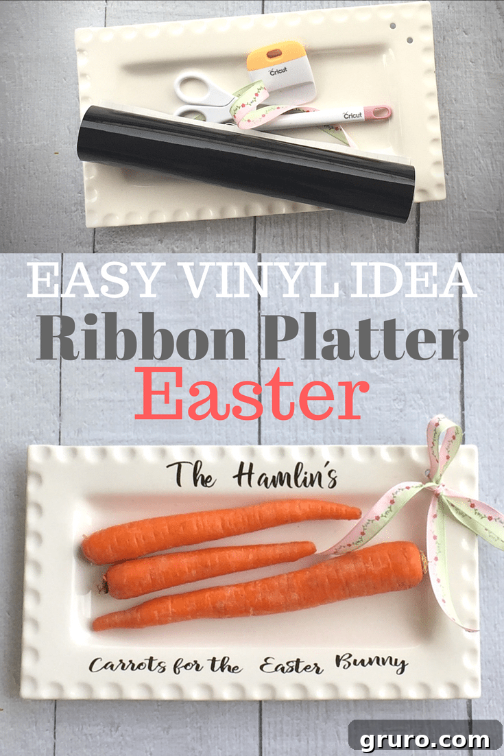Pinterest graphic featuring the Easter ribbon platter with text 'Ribbon Platter for Easter: Carrots for the Easter Bunny - Pin It!'