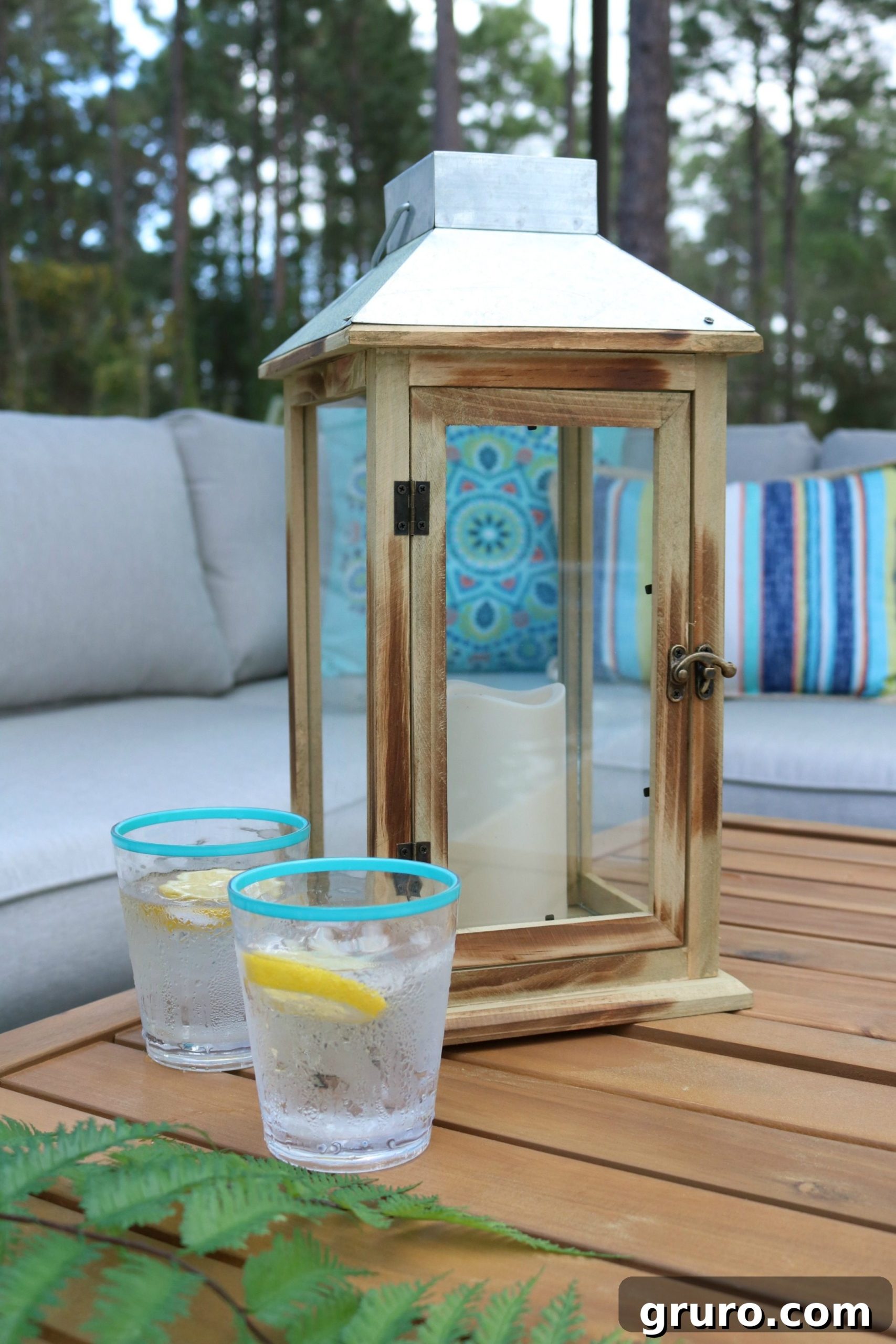 Stylish solar lantern adding evening ambiance to the patio.