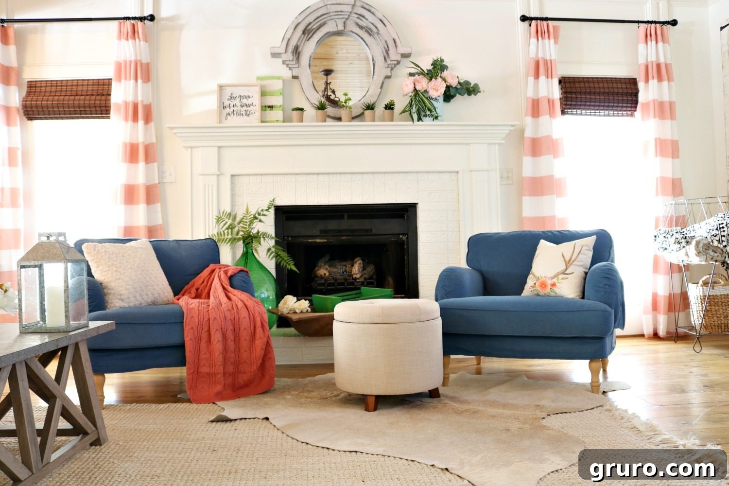 Transformed Fireplace: Bright Painted Brick and Mantel in Modern Living Room