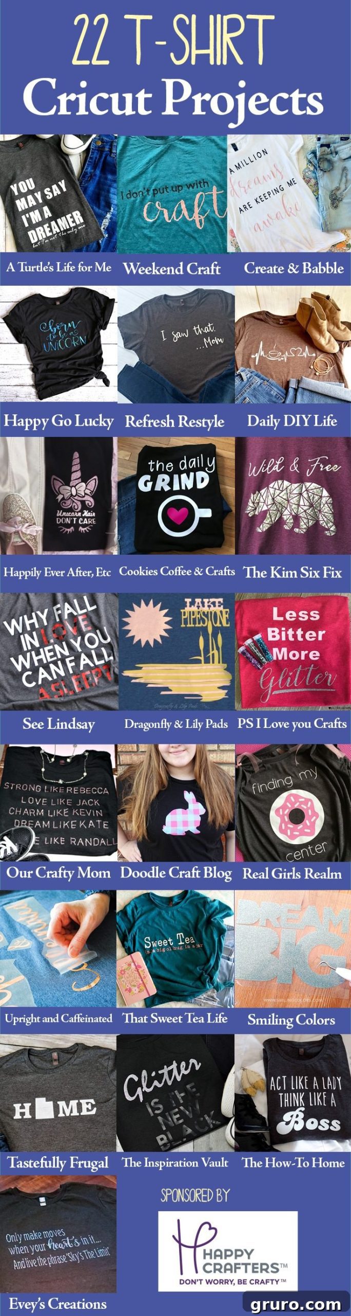 Collage of 22 different Cricut t-shirt project ideas from various crafters