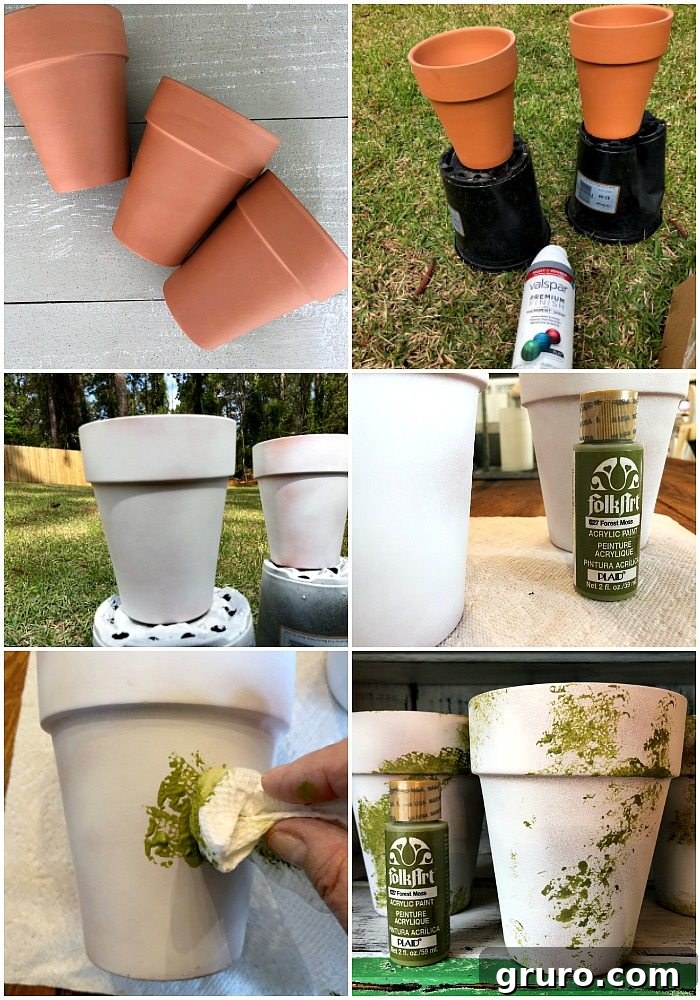 Apply light white spray paint to terra cotta pots for moss effect Spray paint clay pots with light white coat for rustic look