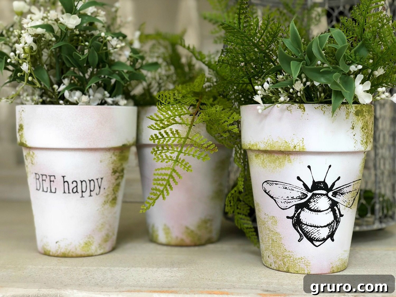 Beautiful Bee Happy design on moss covered clay pot Finished Bee Happy Clay Pot DIY Design