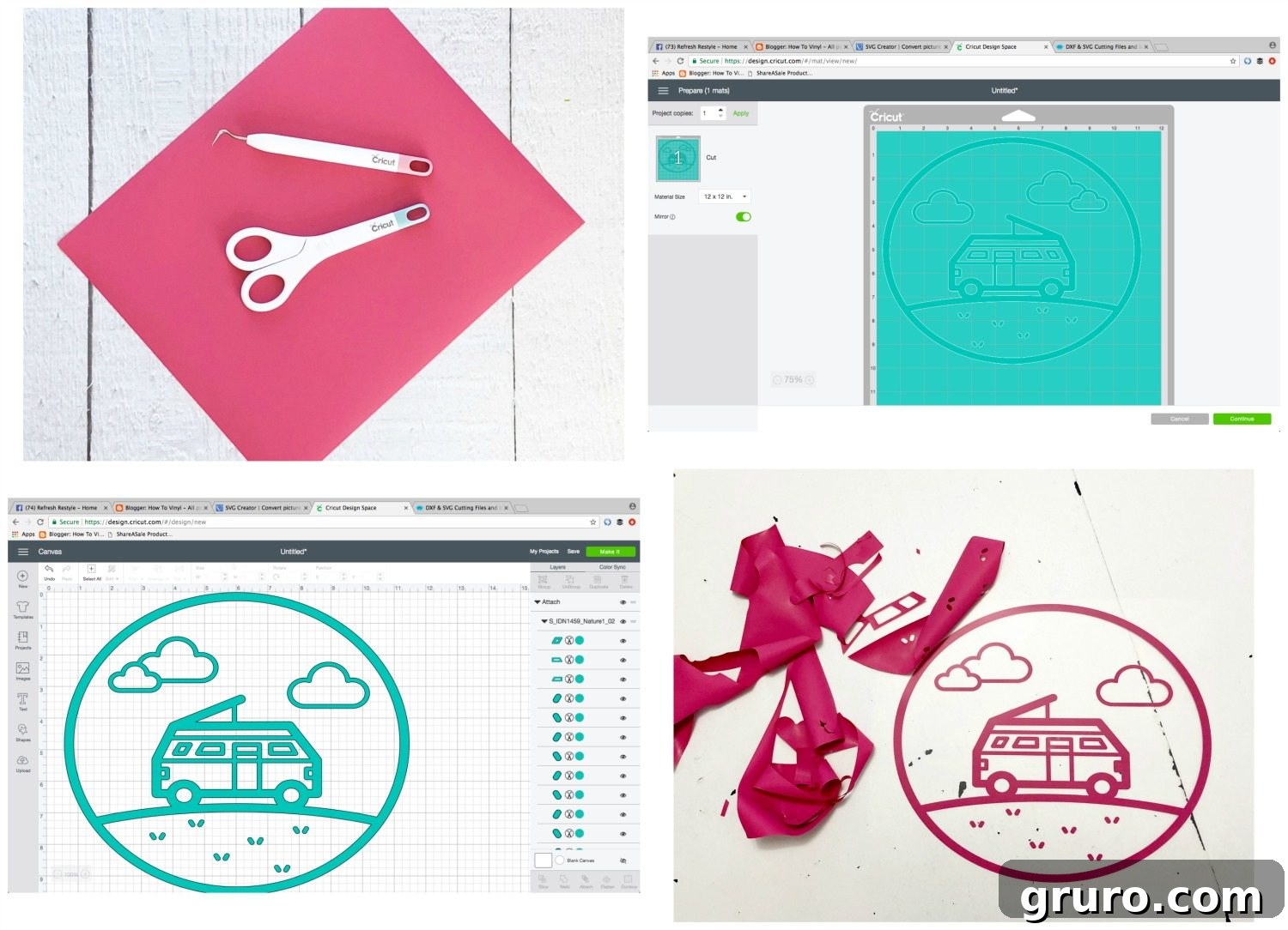 Step-by-step imagery showing the process of customizing a bag with a Cricut vinyl design