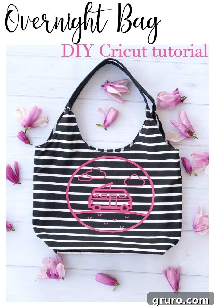 A vibrant, personalized overnight bag made with Cricut, ready for a spring trip