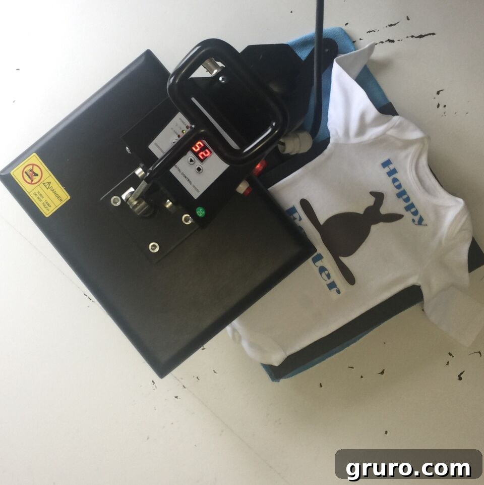 Heat press applying vinyl to chocolate bunny shirt