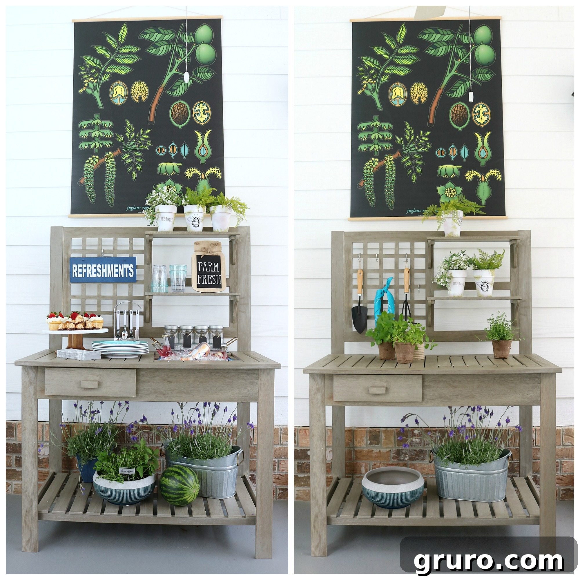 Camrose Farmhouse Potting Bench: A rustic multi-use outdoor station for planting flowers and serving refreshments on a back porch.