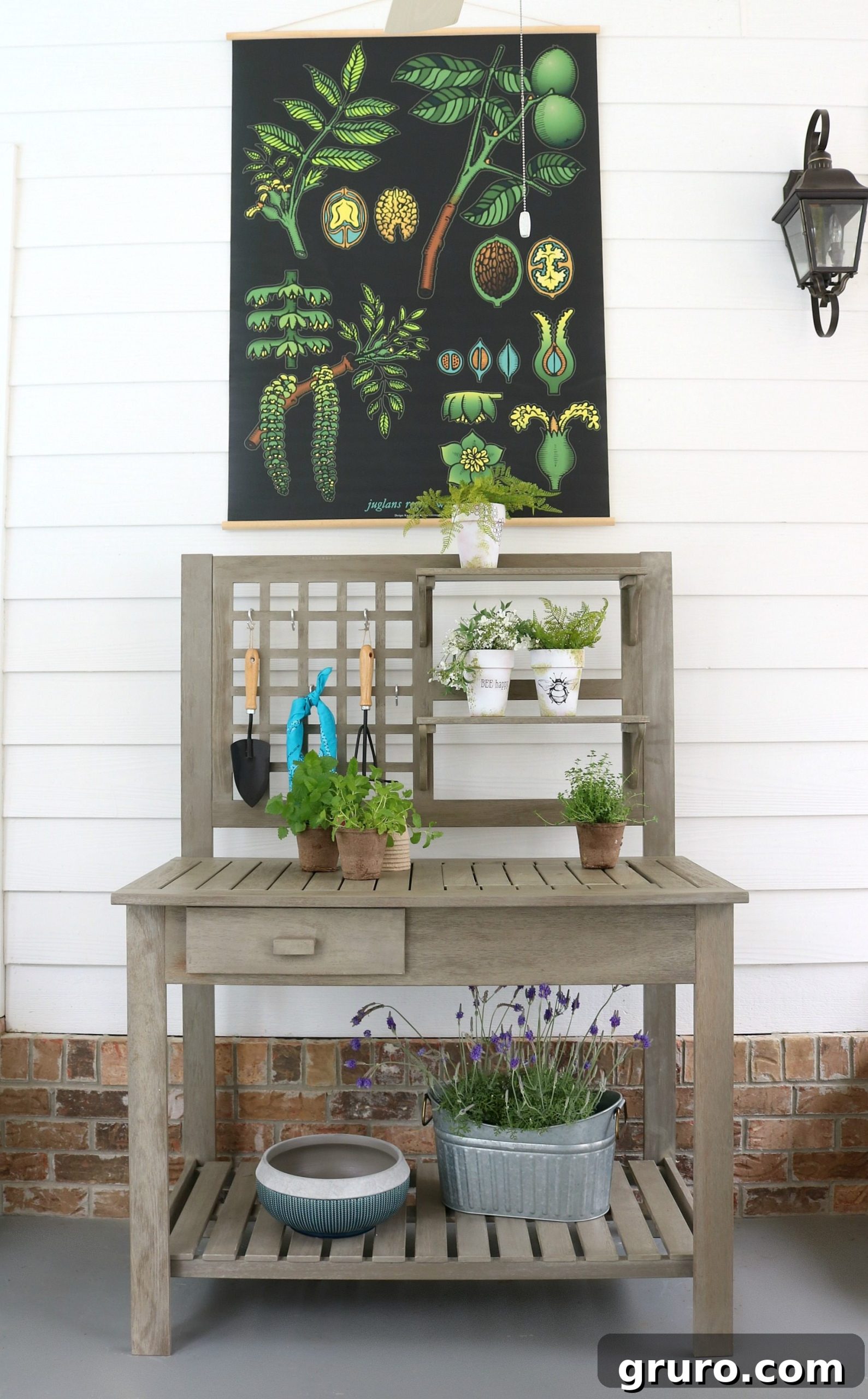 Detail of the Camrose Farmhouse Potting Bench, showcasing its ample storage and beautiful design for outdoor tasks.
