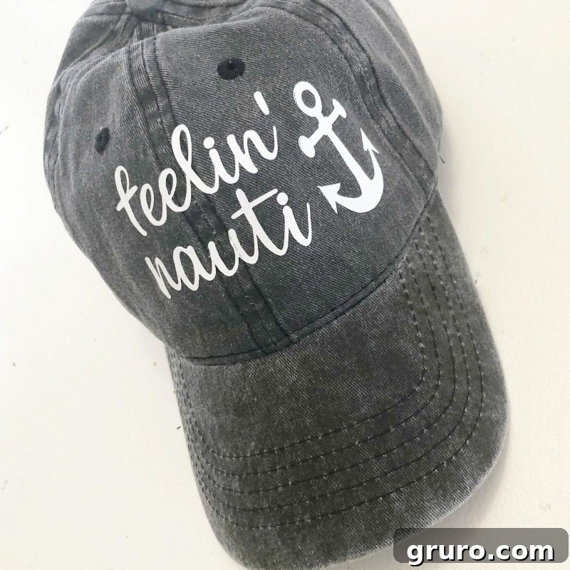 Nautical Themed Summer Ball Cap Completed 'Feelin' Nauti' summer nautical ball cap with anchor design.