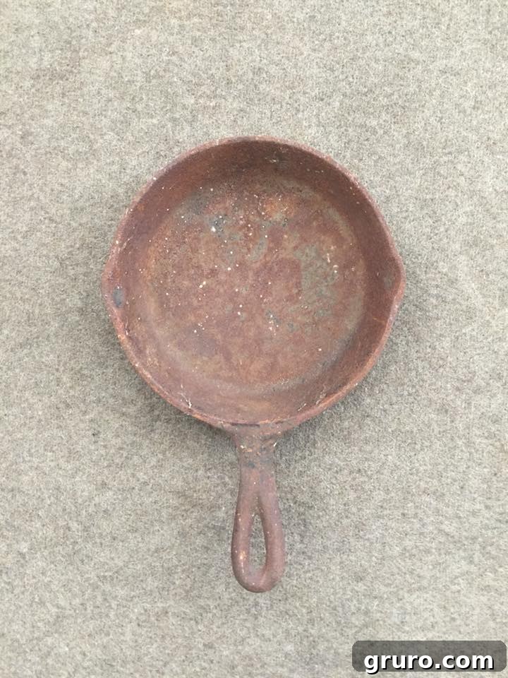 Heavily rusted cast iron skillet before restoration, illustrating the severe initial condition.