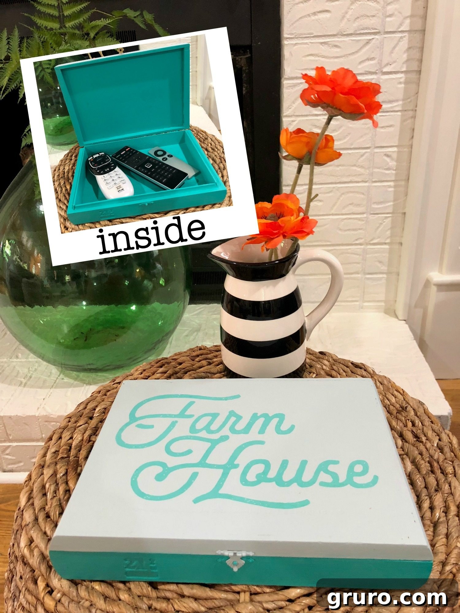 Recycled Cigar Box - create stylish decor storage with empty cigar boxes. Follow these easy tutorial to fit the decor in your home! Close-up of a recycled cigar box storing remote controls.