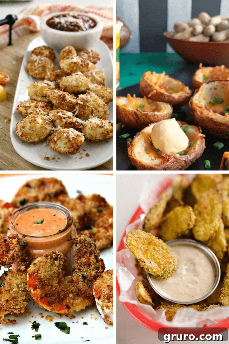 Crispy air fryer appetizers including shrimp, mozzarella sticks, and chicken wings arranged beautifully on a serving board.