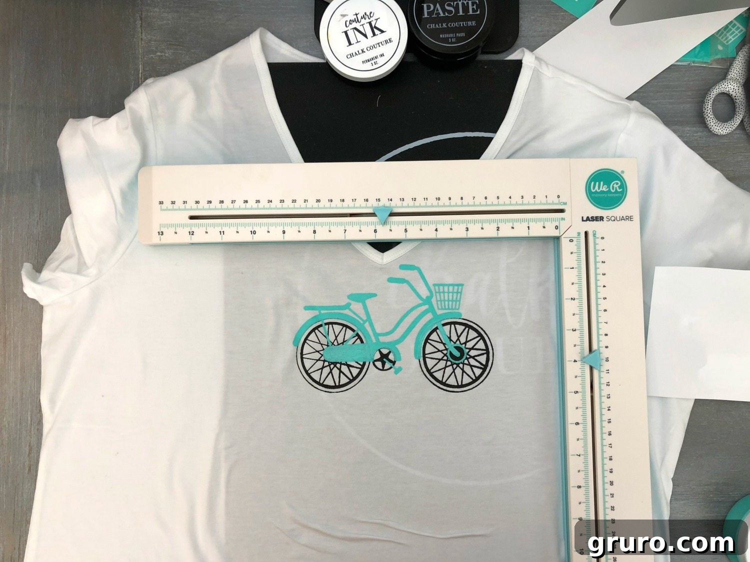DIY Steps and Supplies for Chalk Couture Ink with Silk Screen Transfer - at home t-shirt making DIY silk screen bicycle t-shirt with Chalk Couture transfer showing the detailed design