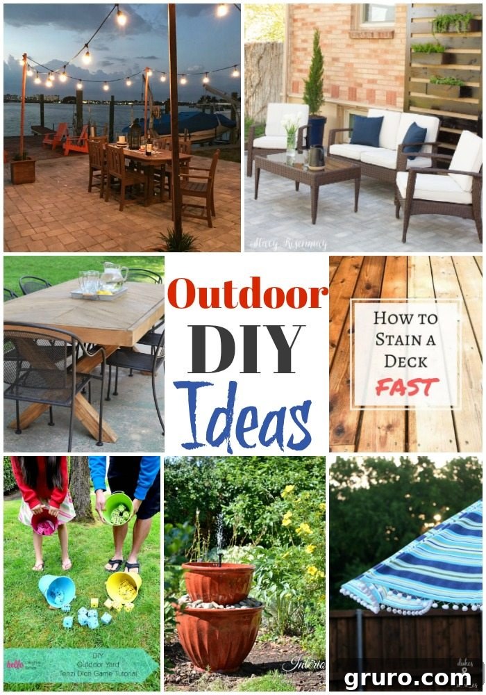 A beautiful collection of diverse outdoor DIY ideas, showcasing various projects from patios to decor.