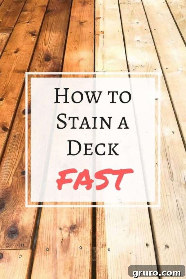 A person diligently staining a wooden deck with a roller, showcasing the transformation process.