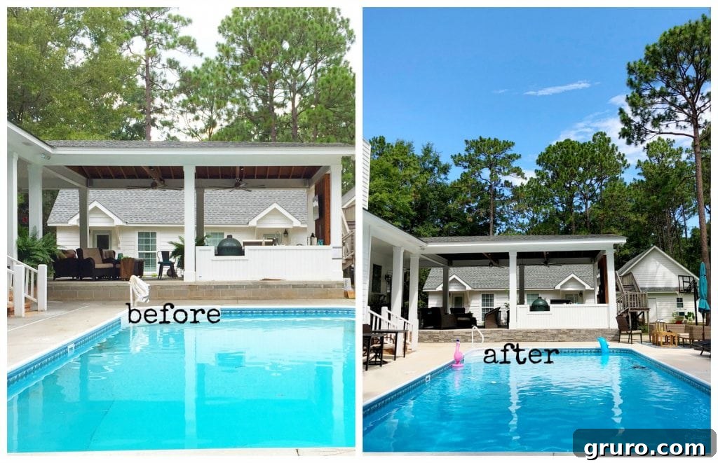 Dramatic Before and After: AirStone Transforms Poolside Foundation Pool side before after stone on foundation