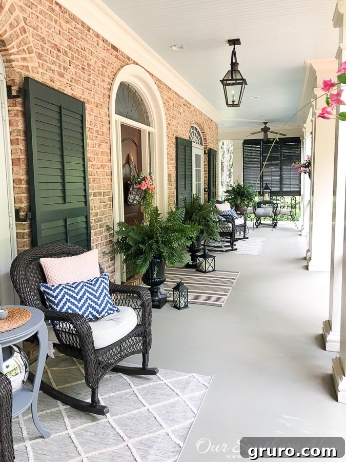Inviting summer porch with classic southern decor and comfortable seating