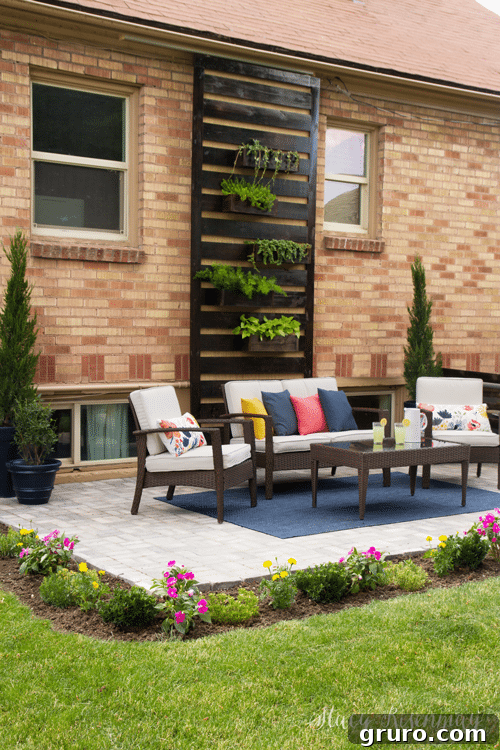 Summer patio decorated with colorful floral pillows and vibrant accents