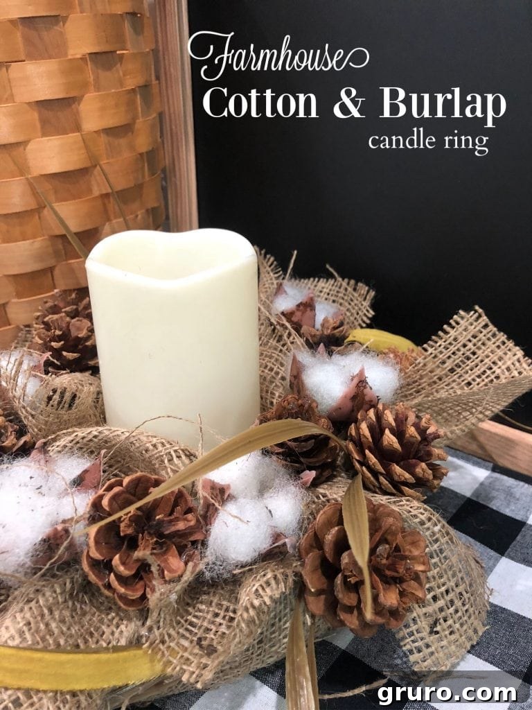 Farmhouse Cotton Burlap candle ring displayed alongside other rustic elements, artistically highlighting its handmade charm and versatile decor potential