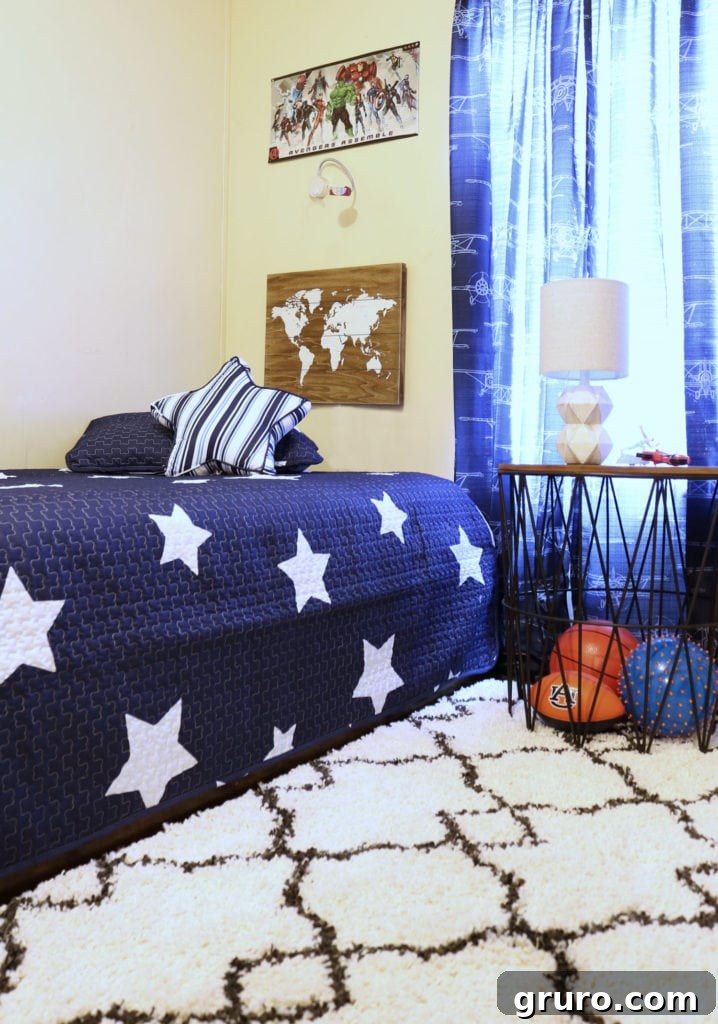 Navy and white bedding and curtains. Kids Room Refresh, affordable ideas to spruce up any space. Navy and white bedding and curtains for a boy's room