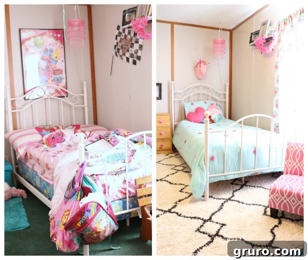 Before and after of Kids Room Refresh, affordable ideas to spruce up any space. Before and after girls room makeover