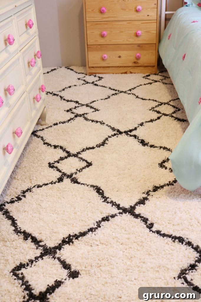 Plush neutral rug, great for any space. Plush neutral rug details for a kids room