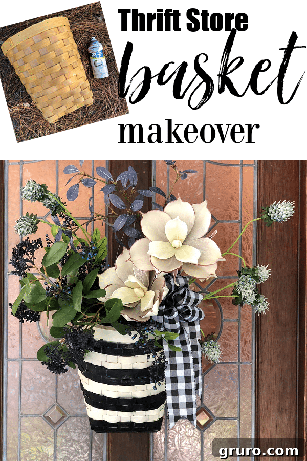 DIY Thrift Store Basket Makeover Idea: Black and White Door Decor Thrift store basket makeover idea for door decor