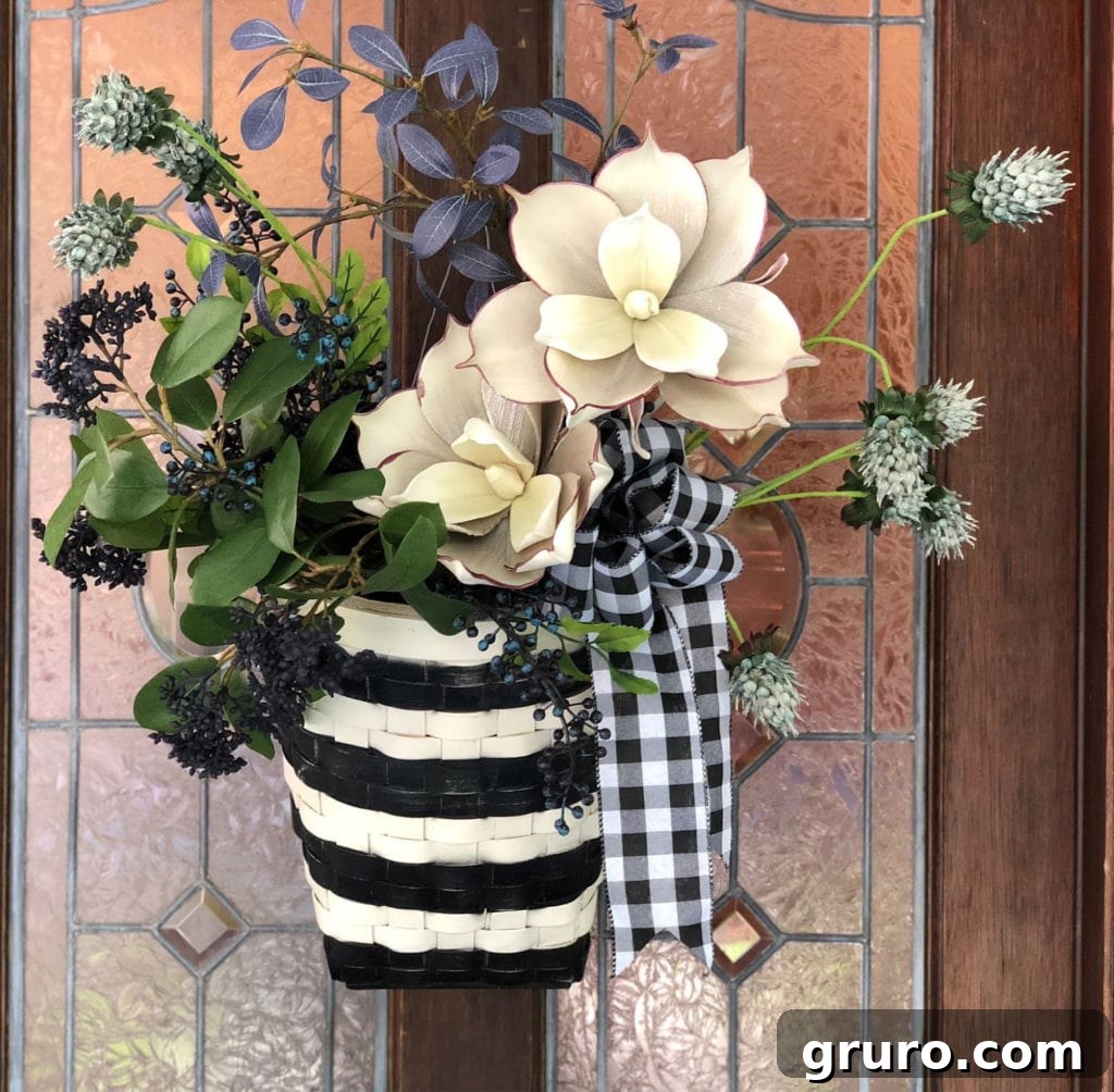 Thrift Store Basket Refresh: Quick and Easy Front Door DIY Easy DIY basket for front door decoration, after makeover