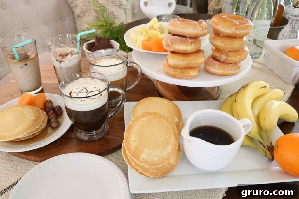 Coffee donuts pancakes and fruit bar