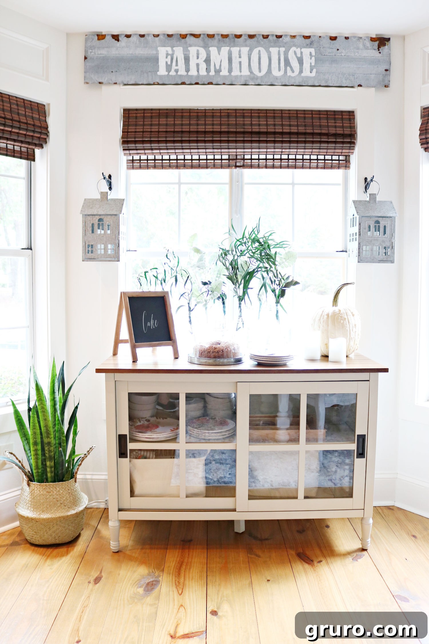 Rustic farmhouse serving area buffet with elegant details Charming farmhouse buffet, a perfect serving area with rustic farmhouse decor