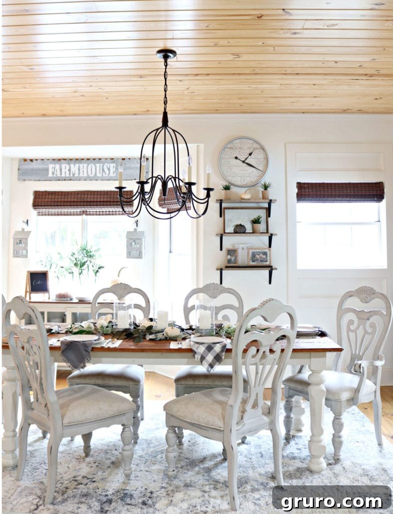 Rustic Fall Dining Retreat 2 Shiplap ceiling adding rustic charm to the farmhouse dining room with elegant decor