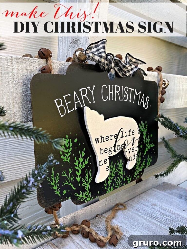Completed DIY Christmas sign, featuring a scroll saw bear cutout and Chalk Couture design, perfect for festive home decor.