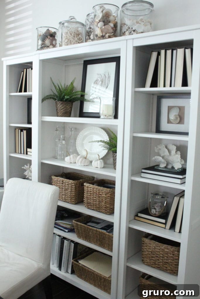 Bookcase styling with backward books