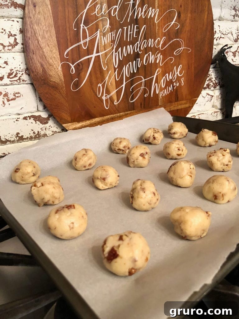 Pecan Snowball Cookie dough balls ready for the oven