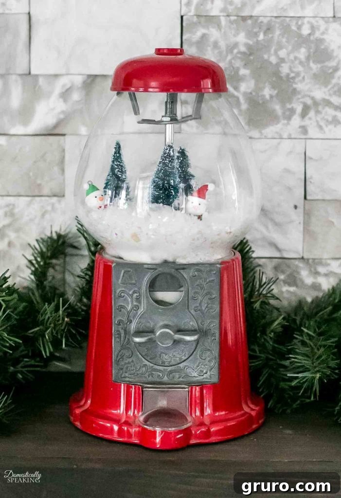 100+ Thrift Store Makeovers including this gumball machine Winter Wonderland Gumball Machine - A stunning thrift store makeover transforming a gumball machine into elegant festive decor.