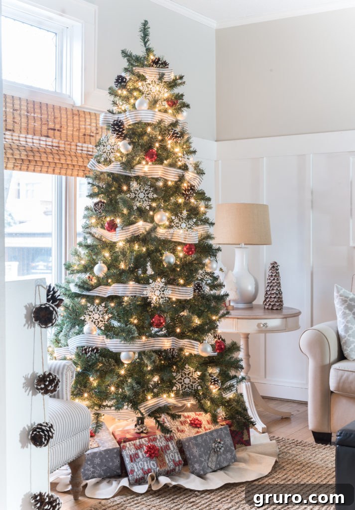 Chic Gray, White, and Red Christmas Tree Decorating Ideas