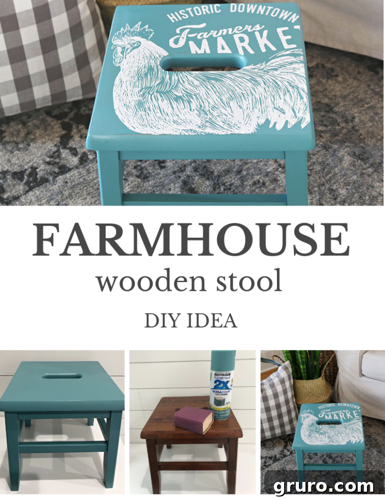 Wooden Step Stool Reimagined 2 Beautifully revitalized wooden step stool after a DIY makeover, painted in vintage teal with a farmhouse-style stencil design.