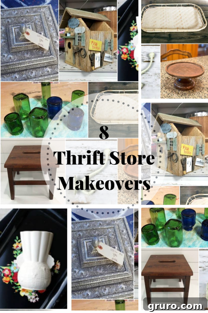 Wooden Step Stool Reimagined 13 A collage featuring eight diverse thrift store decor makeovers from various bloggers, offering a wide range of DIY inspiration.